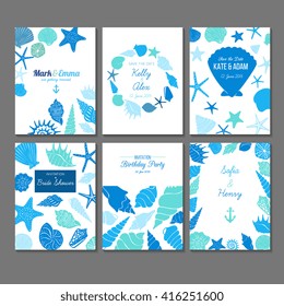 Set Of Vector Universal Card Templates With Nautical Theme - Sea Shells And Starfish Silhouettes Hand Drawn Illustrations. Design Concept For Bridal Shower, Beach Party, Save The Date Invitations.