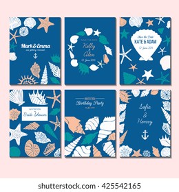 Set Of Vector Universal Card Templates With Nautical Theme - Sea Shells And Starfish Silhouettes Hand Drawn Illustrations. Design Concept For Bridal Shower, Beach Party, Save The Date Invitations.