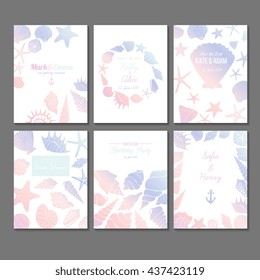 Set Of Vector Universal Card Templates With Nautical Theme - Sea Shells And Starfish Silhouettes Hand Drawn Illustrations. Design Concept For Bridal Shower, Beach Party, Save The Date Invitations.

