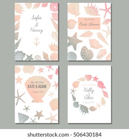 Set Of Vector Universal Card Templates With Nautical Theme - Sea Shells And Starfish Silhouettes Hand Drawn Illustrations. Design Concept For Bridal Shower, Beach Party, Save The Date Invitations.