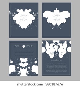 Set of vector universal cards Rorschach test inkblob theme. Wedding, anniversary, birthday, party. Design for poster, card, invitation, brochure, flyer. Creative hand drawn textures.