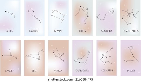 Set of vector universal gradient backgrounds. Horoscope cards with constellation stars,. Design for social media, story, card, invitation, feed post.