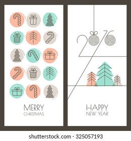 Set of vector universal hand drawn Christmas, New Year greeting cards. Linear gifts icons and watercolor background. Hipster style design for winter holiday, flyer, invitation, banner.