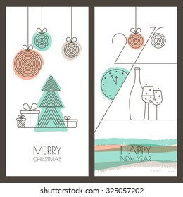 Set of vector universal hand drawn Christmas, New Year greeting cards. Linear holiday illustration and watercolor background. Hipster style design for winter celebration, flyer, invitation, banner.