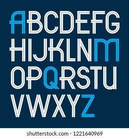 Set of vector upper case English alphabet letters created with white stripes, for use in logo design for news and broadcasting company