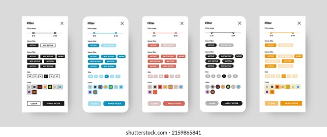 Set of vector user interfaces for mobile application, filter page, colors, prices, product card for consumer. Illustration template with add to cart button, ux design for online store