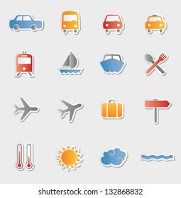 Set of vector vacation and travel icons. Sticker button set. Multicolored icons for travel and entertainment. Vector illustration.