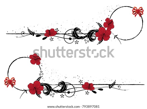set of\
vector valentine frames with heart and\
hibiscus