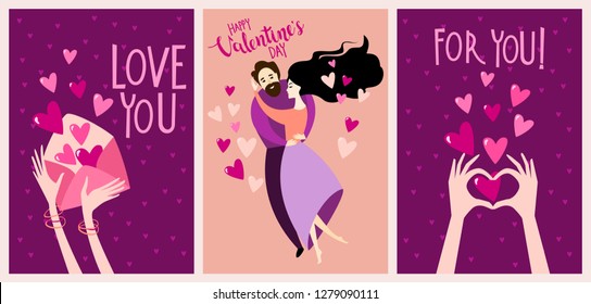 Set of vector Valentine's Day Card with a happy dancing couple in cartoon style and love letter