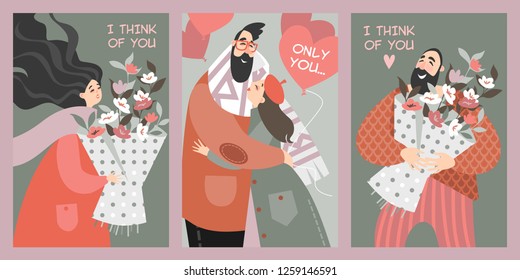 Set of vector Valentines day cards in cartoon style. Happy people with bouquets of flowers and couple with balloons Set of vector Valentines day cards in cartoon style. Happy people with bouquets of flowers and couple with balloons