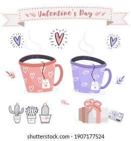 Set of vector Valentine's Day elements. Image of gifts, love letters, hearts, pair mugs, flowers in a pot, cacti