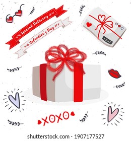 Set of vector Valentine's Day elements. Image of gifts, love letters, hearts, pair mugs, flowers in a pot, cacti