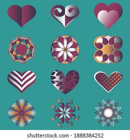 Set of vector valentines day icons. Heart, abstract shapes, decorative flowers, design elements for decoration