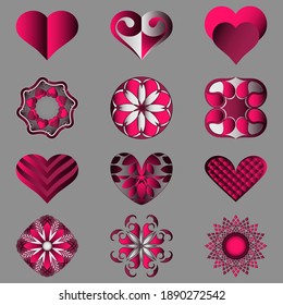 Set of vector valentines day icons. Heart, abstract shapes, decorative flowers, design elements for decoration