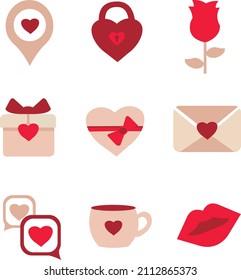 Set of vector valentine's day icons isolated on white background. Hearts, mugs, flowers, gifts, letters, padlock, message icons.