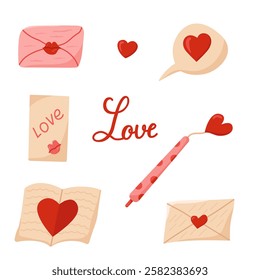 Set of Vector Valentine's Day Items. Colored Image of Love Letters and Pen. Declaration of Love. Wedding and Valentine's Day Elements Isolated on White Background