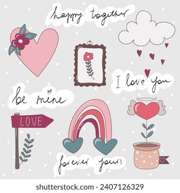 Set of vector Valentine's Day objects. Cute colorful elements. Rainbow, Heart with wings, cloud, flower, arrow