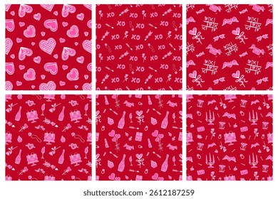 Conjunto de padrões vetoriais de dia valentinos. Doodle mão desenhado amor e casamento elementos cor-de-rosa no fundo vermelho. Textura de desenho vintage para papel de embrulho, tecidos, papéis de parede, cartão postal
