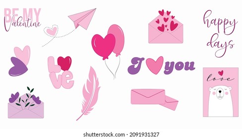 Set of vector valentines stickers. St valentines day stickers collection on white background. Be my valentine, love, hearts text. Romantic ellements