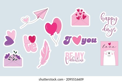 Set of vector valentines stickers. St valentines day stickers collection on blue background. Be my valentine, love, hearts text