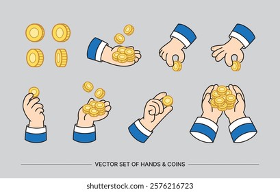 set of vector variation hand and coins, finance concepts, money concepts