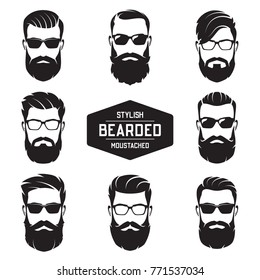 Set of vector various bearded men faces with different haircuts, mustaches, beards. Silhouettes, avatars, heads, emblems, icons, labels.