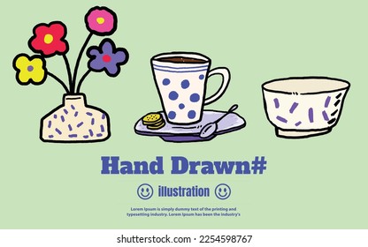 Set of Vector Various flowers in vases Cup coffee and crackers and bowl pencil outline hand drawn trendy style Abstract, illustration