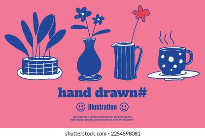 Set of Vector Various plant pot, vases, blue, flower, and Cup coffee, pencil, outline, hand drawn, trendy style, Abstract, illustration
