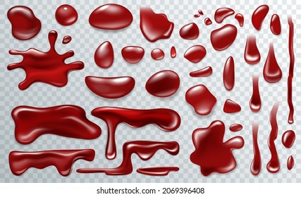 Set of vector various realistic detailed bloodstain splatter, blood or paint splatters Halloween concept isolated on the alpha transperant background.