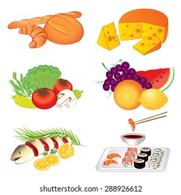 Set of vector various tasty food on white background illustration