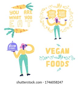 Set of Vector Vegan Signs. Vegan Foods. Plant based vegan diet symbols.Vegan slogan for package design, web, print t-shirt, logo, poster, symbol, design, decor, textile, paper, card.