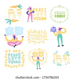 Set of Vector Vegan Signs. Vegan Foods. Plant based vegan diet symbols.Vegan slogan for package design, web, print t-shirt, logo, poster, symbol, design, decor, textile, paper, card.