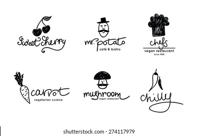 Set of vector vegan and vegetarian food logos. Vegetables and fruit labels, badges and design elements. 