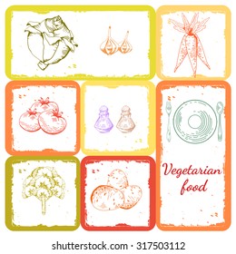 Set of vector vegetable carrot, cabbage, cauliflower, garlic, potato, tomato. Menu for eco, vegetarian  food. Set of hand drawn vector vegetable on isolated background 