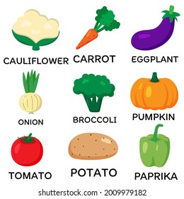 Set of vector vegetables. Cartoon flat style. Cauliflower, carrot, eggplant, onion, broccoli, pumpkin, tomato, potato, paprika. Print for recipes, restaurant, supermarket, market place. Vegan food