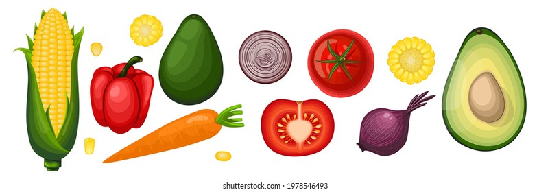 Set of vector vegetables in cartoon style. Healthy food: corn, tomato, pepper, avocado, onion, carrot