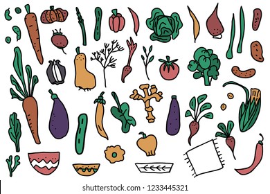 Set of vector vegetables. Collection of veg in doodle style isolated on white background.
