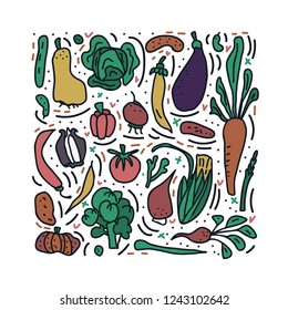 Set of vector vegetables. Collection of veg in doodle style isolated on white background. Square composition.