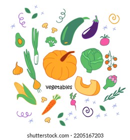 Set of vector vegetables, flowers, stars and decorative elements in cartoon style isolated on white background