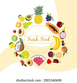 Set of vector vegetables, fruits and berries collected in a circle. Coconut, strawberry pineapple, potato, tomato, garlic, orange, watermelon, pear, plum, papaya, raspberry, banana, lemon, grapes