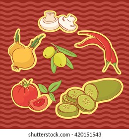 Set of vector vegetables mushrooms, cucumbers, tomatoes, onions, red peppers, olives.