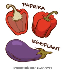 Set of vector vegetables: paprika, eggplant. Drawn in comic style.