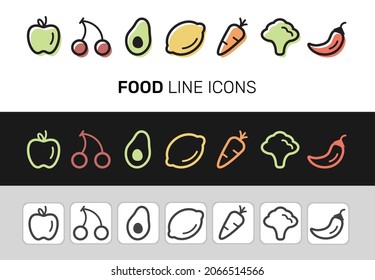 Set of vector vegetarian food line icons - apple, cherry, avocado, lemon, carrot, broccoli, bell pepper on white and dark background