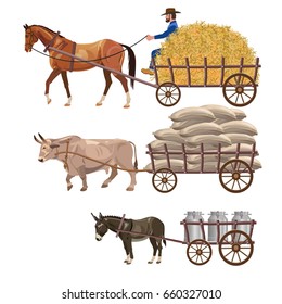 Set of vector vehicles with draft animals: horse, ox and donkey