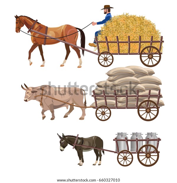 Set of vector vehicles with draft animals: horse,\
ox and donkey