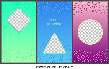 Set of vector vertical backgrounds in colorful gradients. Design template for stories with place for image. For web banner, social networks. Copy space.