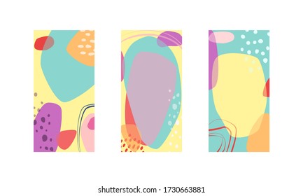 Set of vector vertical backgrounds with copy space, colored in overlap style. Trendy abstract colors and shapes.