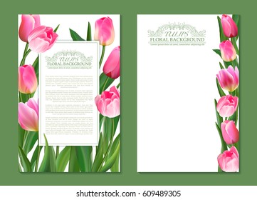 Set of vector vertical banner with pink tulip flowers. Spring tender design for natural cosmetics, perfume, florist shop. Realistic tulips. Not trace