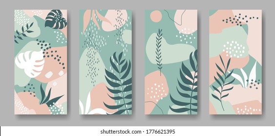 Set of vector vertical banners with abstract ornament and leaves