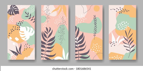 Set of vector vertical banners with abstract ornament and leaves